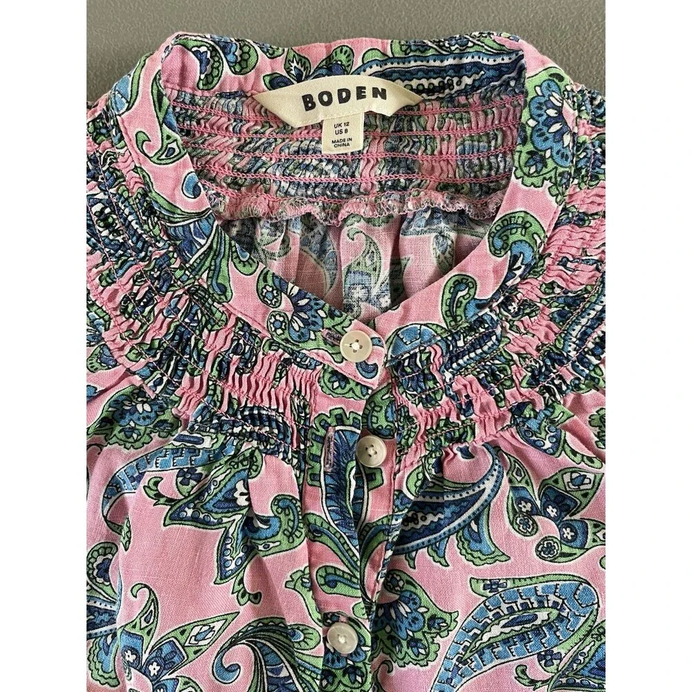Boden Ada Linen Top Rose Damask Sz8 Pink Green Paisley Smocked Puff Sleeve Boho